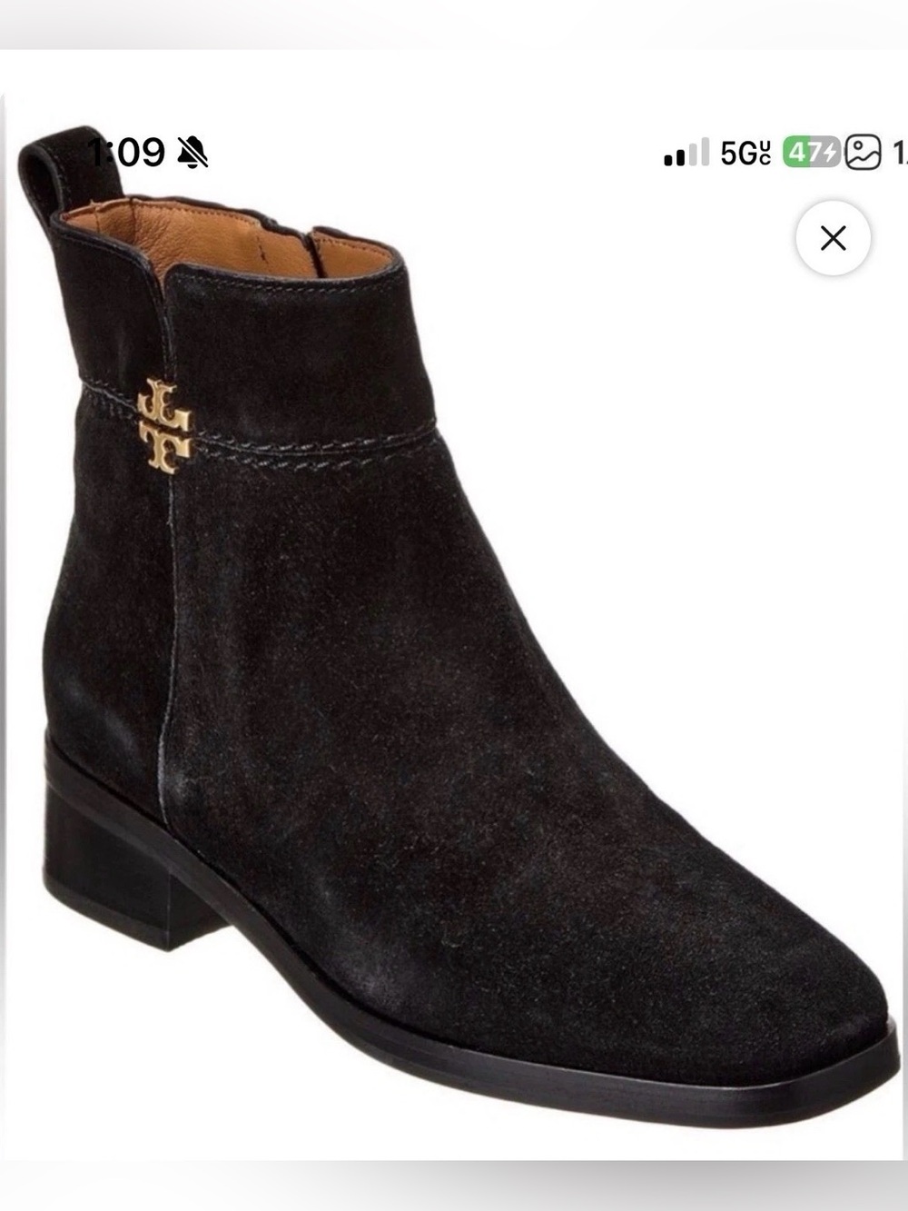 Tory Burch Black Suede Ankle Bootie with Gold Logo size 7 new without tag